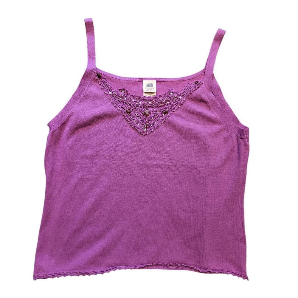 Vintage Y2K Faded Glory Tank Top Women's XL Purple Knit Crochet Trim Beaded Cami
